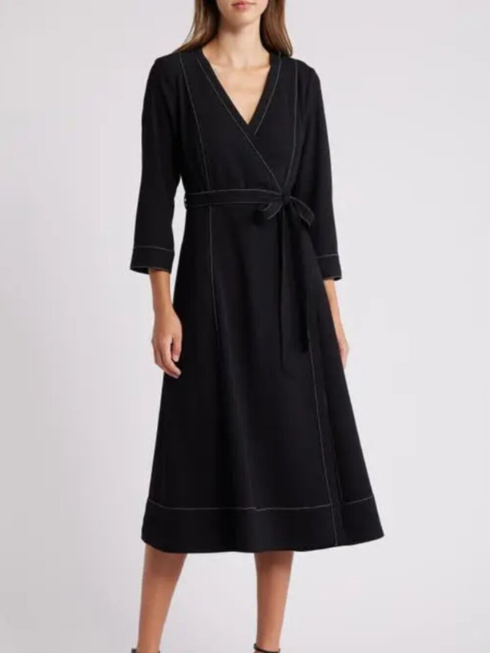 HALOGEN contrast stitch faux wrap dress
